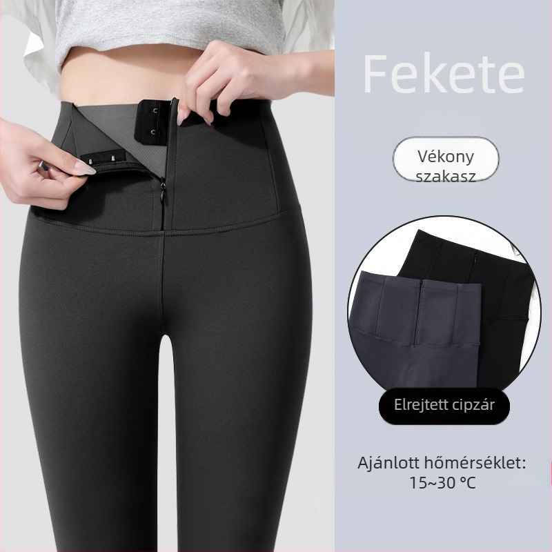 Női téli vastag, magas rugalmasságú harcsaszőr hatású leggings cipzárral, haskontrollal és fenékemeléssel, melegen