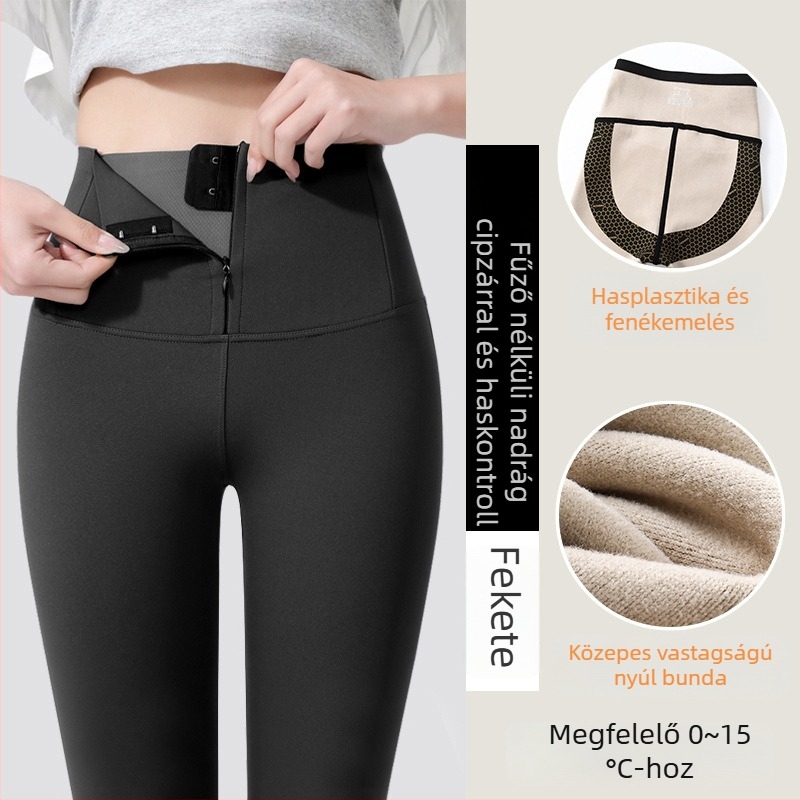 Női téli vastag, magas rugalmasságú harcsaszőr hatású leggings cipzárral, haskontrollal és fenékemeléssel, melegen