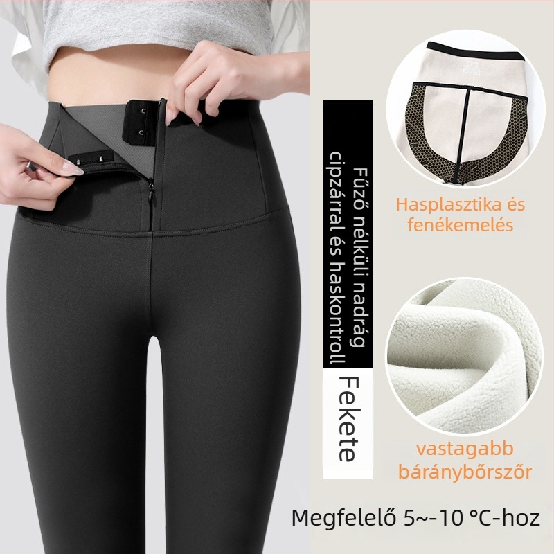 Női téli vastag, magas rugalmasságú harcsaszőr hatású leggings cipzárral, haskontrollal és fenékemeléssel, melegen