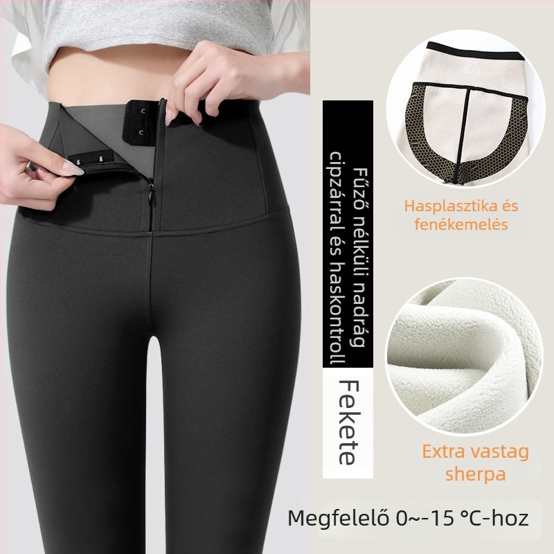 Női téli vastag, magas rugalmasságú harcsaszőr hatású leggings cipzárral, haskontrollal és fenékemeléssel, melegen