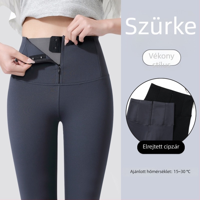 Női téli vastag, magas rugalmasságú harcsaszőr hatású leggings cipzárral, haskontrollal és fenékemeléssel, melegen