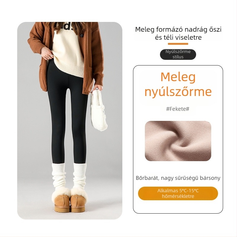Fekete velúr béléses vastagított magas derekú női leggings, őszi–téli 2025