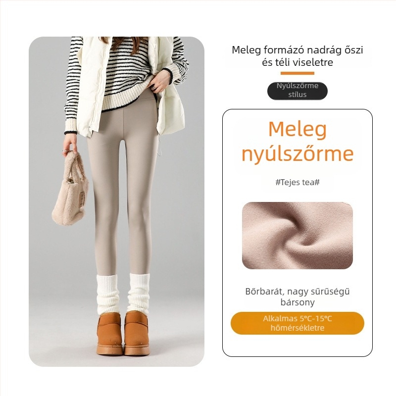 Fekete velúr béléses vastagított magas derekú női leggings, őszi–téli 2025