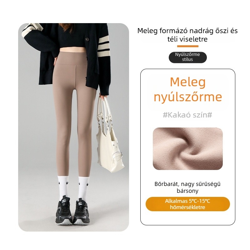 Fekete velúr béléses vastagított magas derekú női leggings, őszi–téli 2025