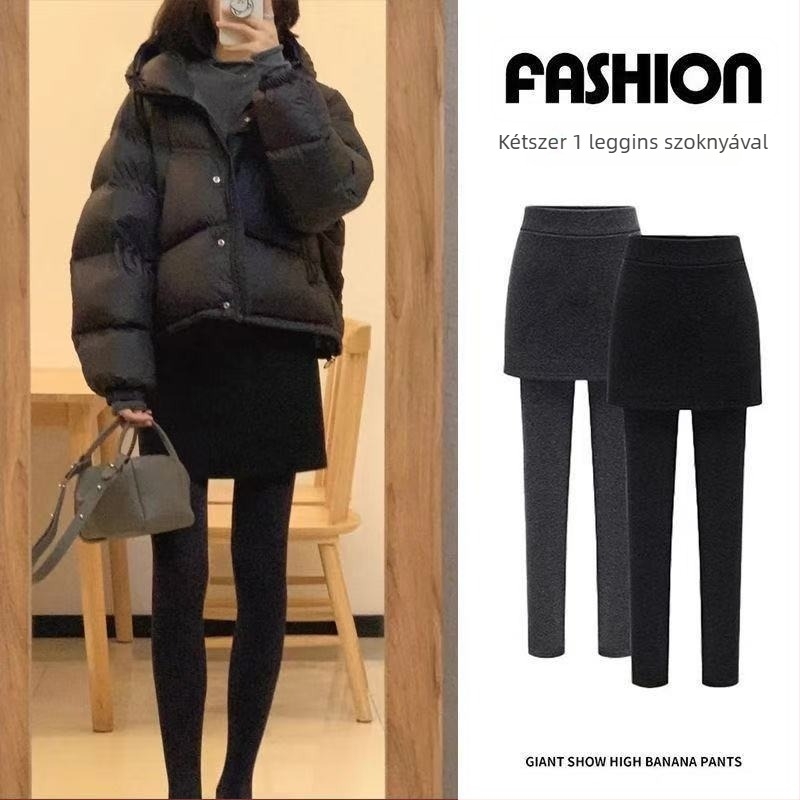 Fekete női plusz méretű hamis kétrészes leggings, őszi–téli viselet, csípőre simuló szoknya-nadrág, fleece-béléssel