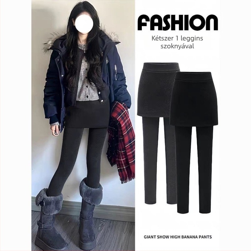 Fekete női plusz méretű hamis kétrészes leggings, őszi–téli viselet, csípőre simuló szoknya-nadrág, fleece-béléssel