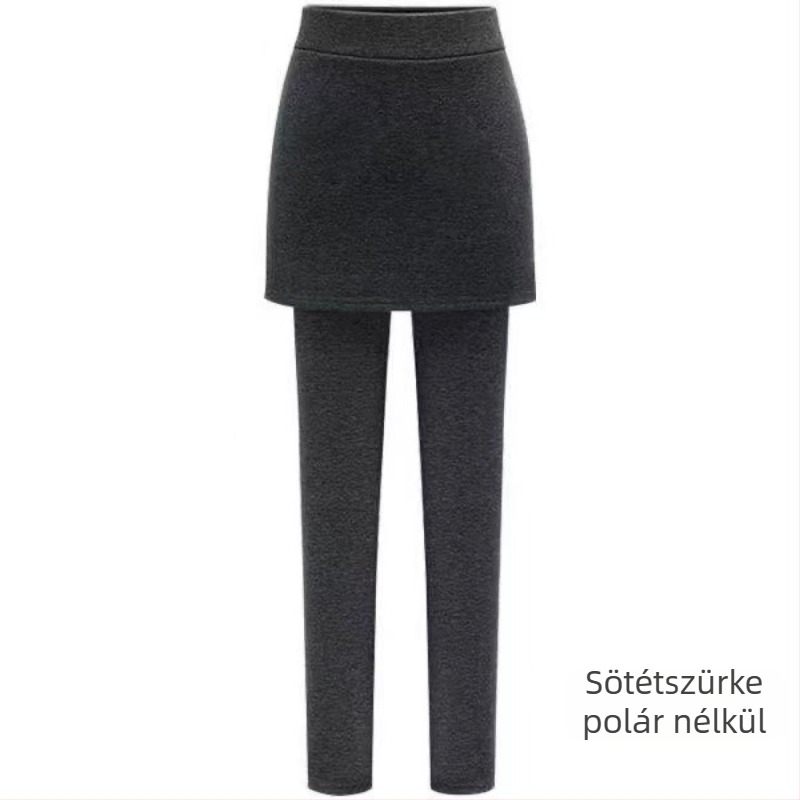 Fekete női plusz méretű hamis kétrészes leggings, őszi–téli viselet, csípőre simuló szoknya-nadrág, fleece-béléssel