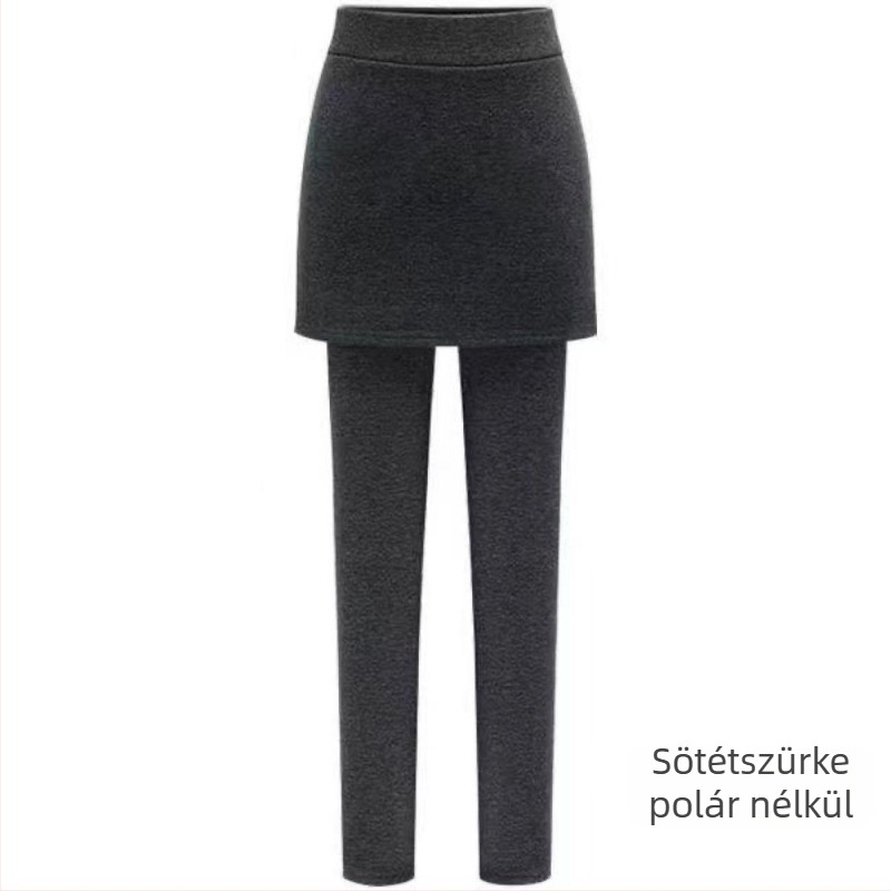 Fekete női plusz méretű hamis kétrészes leggings, őszi–téli viselet, csípőre simuló szoknya-nadrág, fleece-béléssel