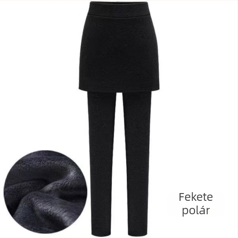 Fekete női plusz méretű hamis kétrészes leggings, őszi–téli viselet, csípőre simuló szoknya-nadrág, fleece-béléssel