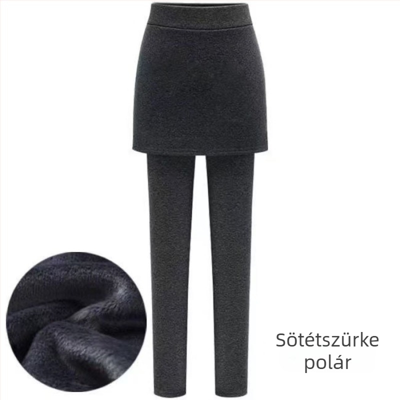 Fekete női plusz méretű hamis kétrészes leggings, őszi–téli viselet, csípőre simuló szoknya-nadrág, fleece-béléssel