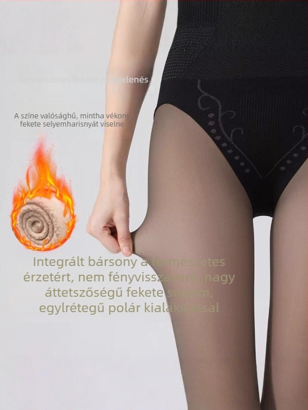 Fekete áttetsző fényes leggings fleece-betéttel, magas derekú, all-in-one nadrág őszre-télre