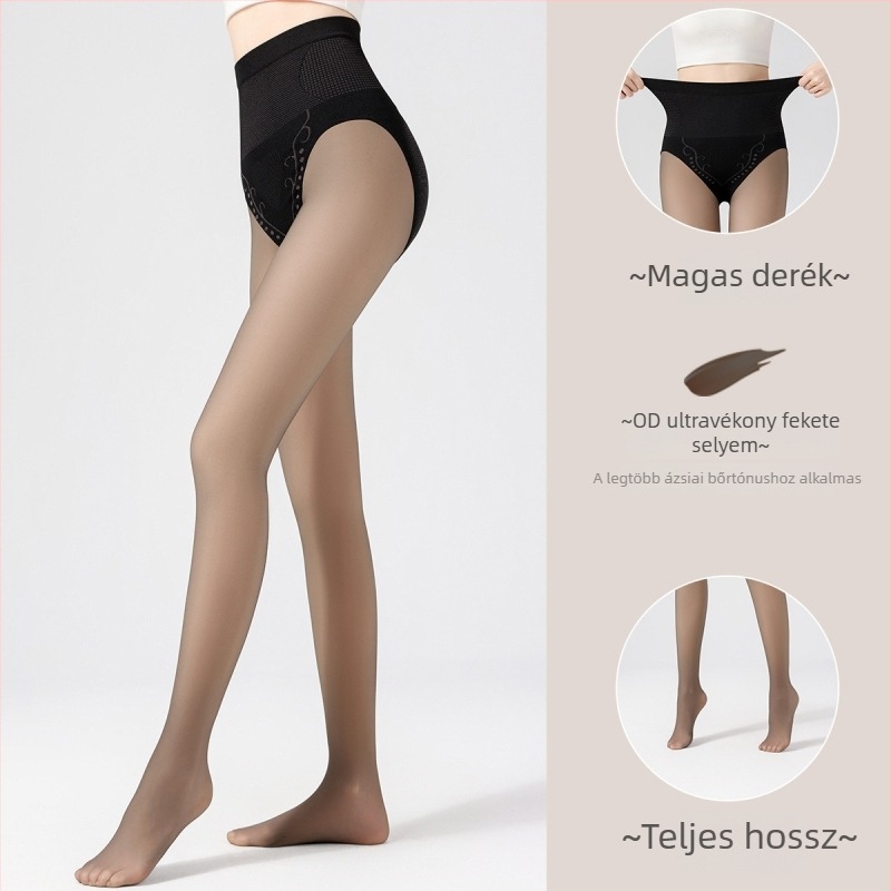 Fekete áttetsző fényes leggings fleece-betéttel, magas derekú, all-in-one nadrág őszre-télre