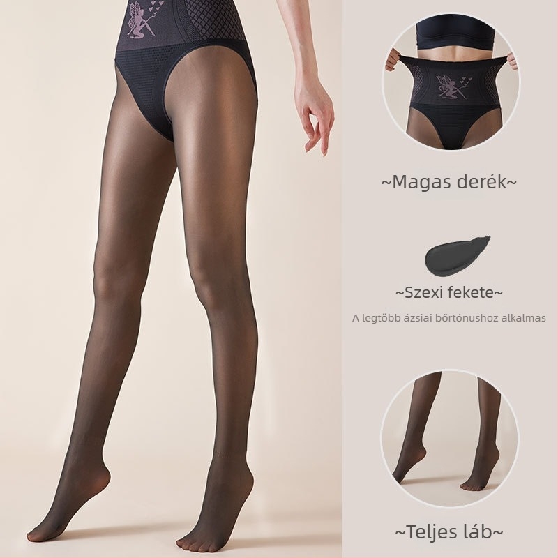 Fekete áttetsző fényes leggings fleece-betéttel, magas derekú, all-in-one nadrág őszre-télre