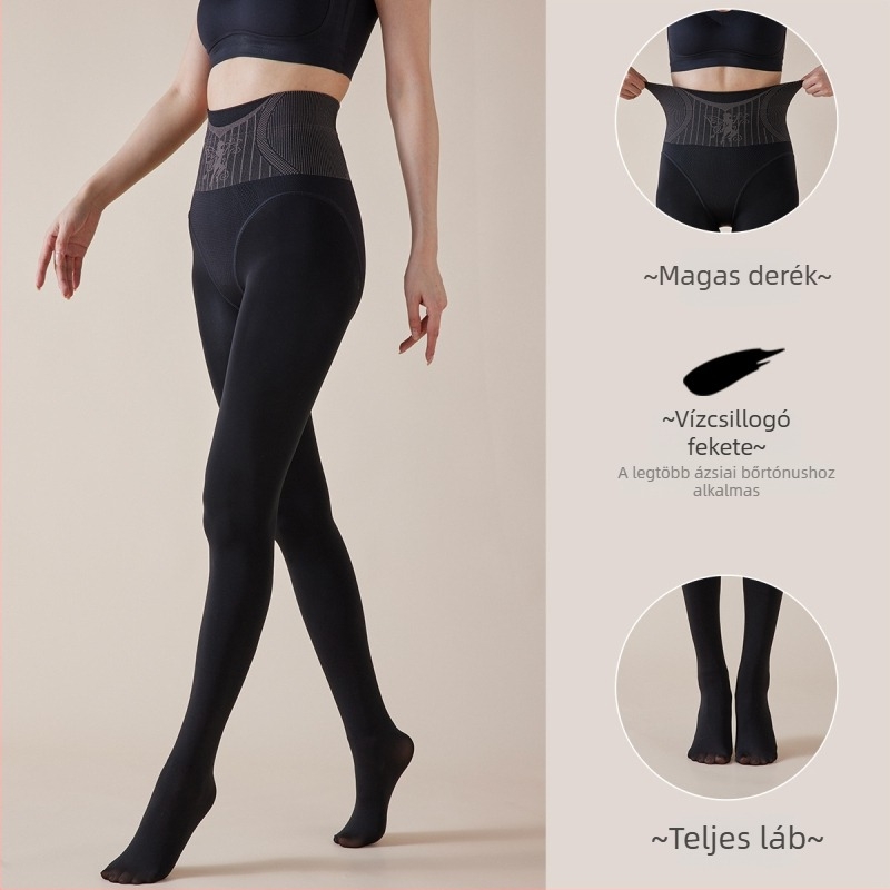 Fekete áttetsző fényes leggings fleece-betéttel, magas derekú, all-in-one nadrág őszre-télre