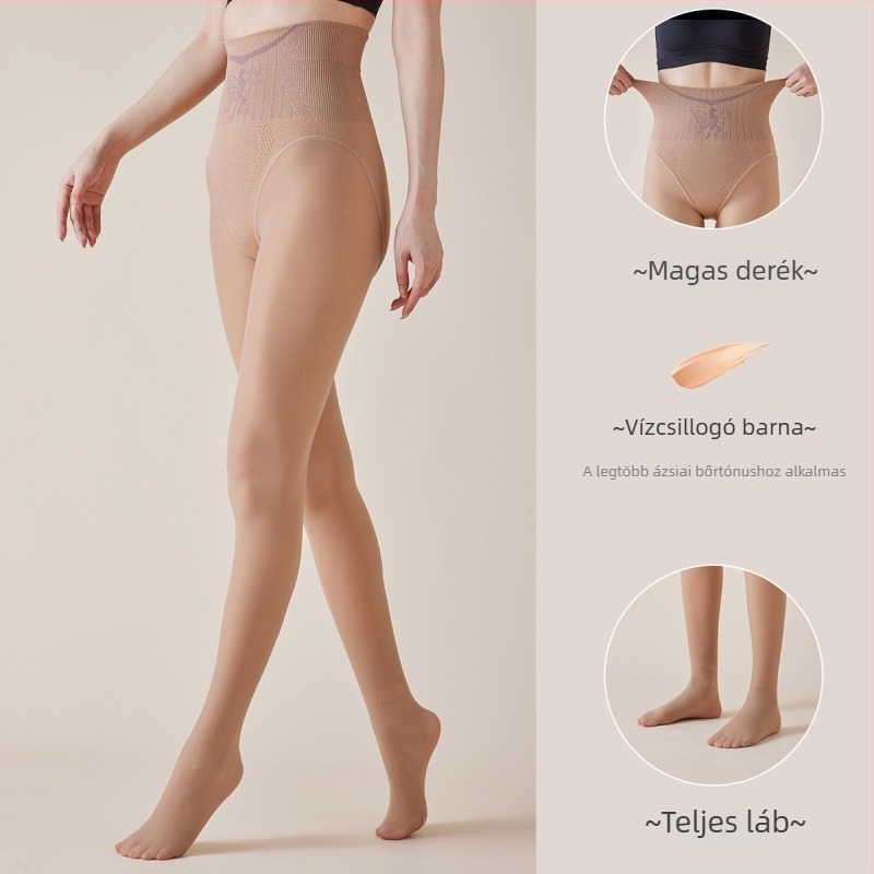 Fekete áttetsző fényes leggings fleece-betéttel, magas derekú, all-in-one nadrág őszre-télre