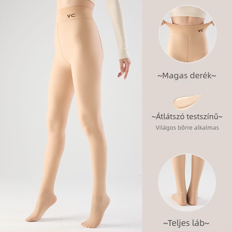 Fekete áttetsző fényes leggings fleece-betéttel, magas derekú, all-in-one nadrág őszre-télre