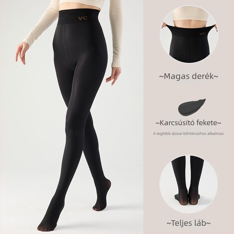Fekete áttetsző fényes leggings fleece-betéttel, magas derekú, all-in-one nadrág őszre-télre