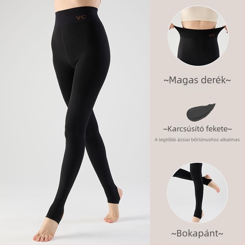 Fekete áttetsző fényes leggings fleece-betéttel, magas derekú, all-in-one nadrág őszre-télre