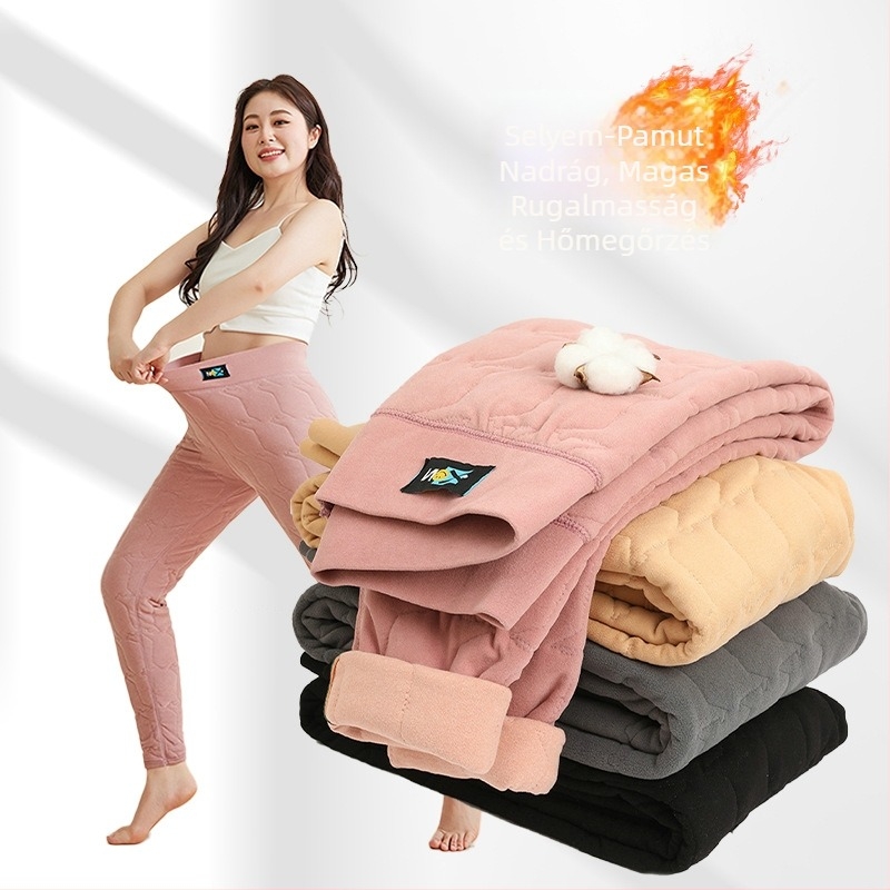 Női selyem-pamut termosz leggings, fleece-béléssel, plusz méret, magas növésűeknek