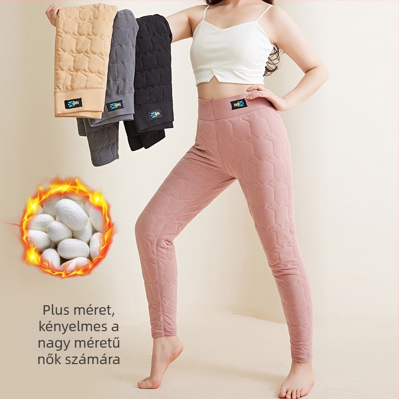 Női selyem-pamut termosz leggings, fleece-béléssel, plusz méret, magas növésűeknek