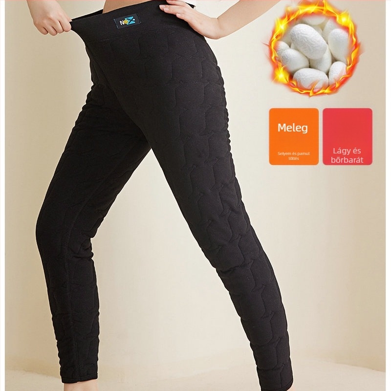 Női selyem-pamut termosz leggings, fleece-béléssel, plusz méret, magas növésűeknek