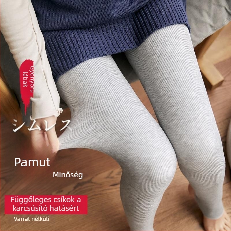 Női pamut leggings fleece-béléssel, függőleges csíkokkal, magas derék, meleg