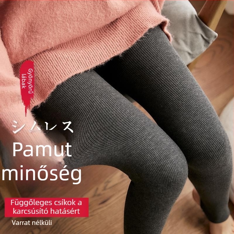 Női pamut leggings fleece-béléssel, függőleges csíkokkal, magas derék, meleg