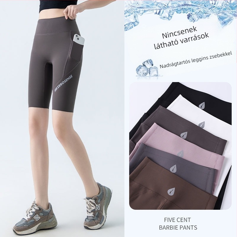 Női capri leggings zsebbel, magas derékkal, vékony nyári anyag, jóga és sport