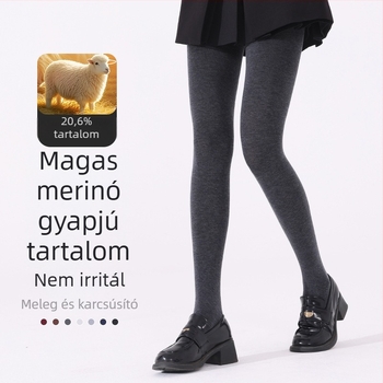 Landa merinó gyapjú harisnyanadrág, magas derékkal, meleg és puha, fleece-béléssel, szürke–fekete, őszi–téli