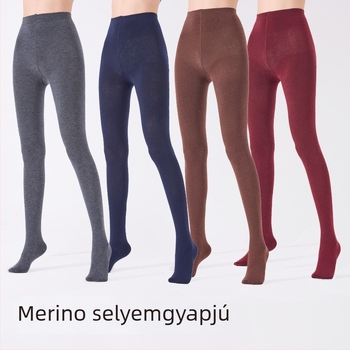 Landa merinó gyapjú harisnyanadrág, magas derékkal, meleg és puha, fleece-béléssel, szürke–fekete, őszi–téli
