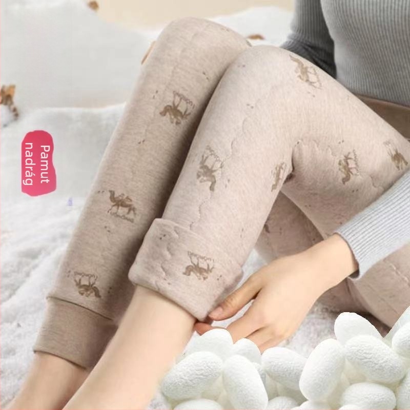 Női selyem-pamut termo leggings, magas derék, fleece béléses, vastag téli nadrág, plusz méret