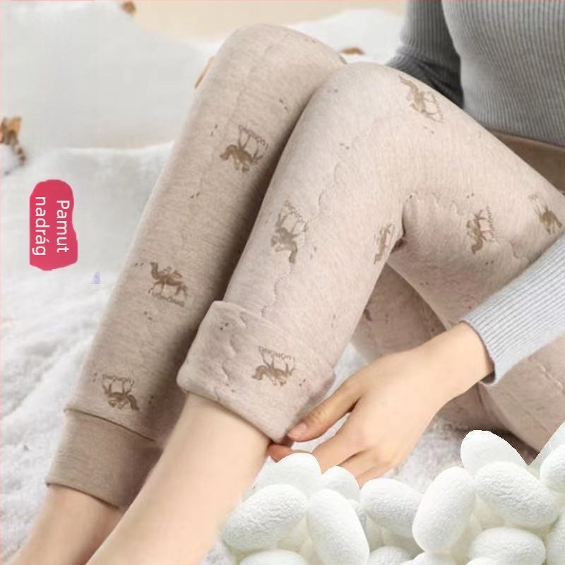 Női selyem-pamut termo leggings, magas derék, fleece béléses, vastag téli nadrág, plusz méret