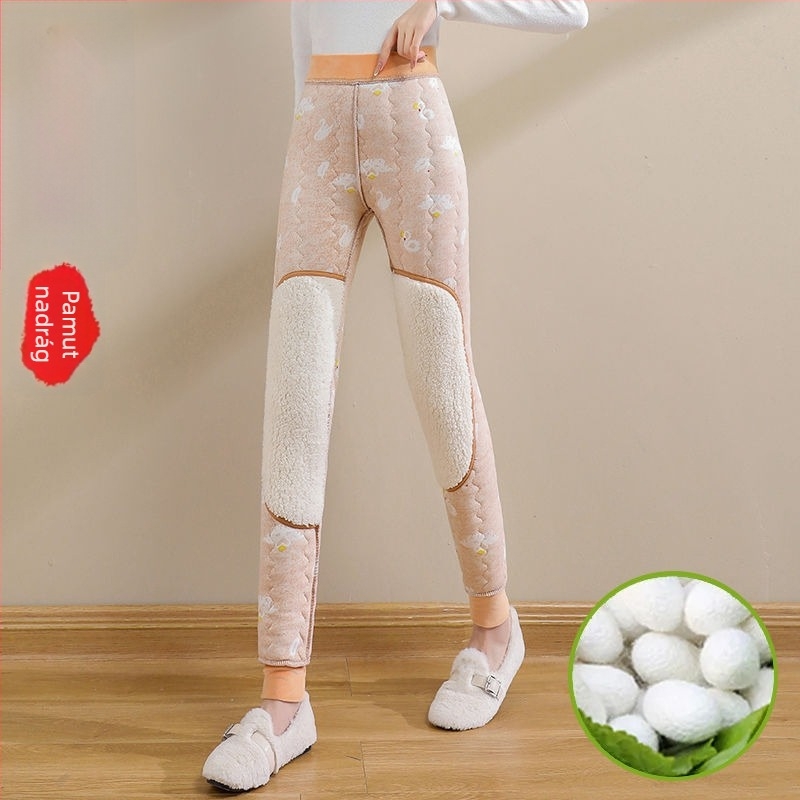 Női selyem-pamut termo leggings, magas derék, fleece béléses, vastag téli nadrág, plusz méret