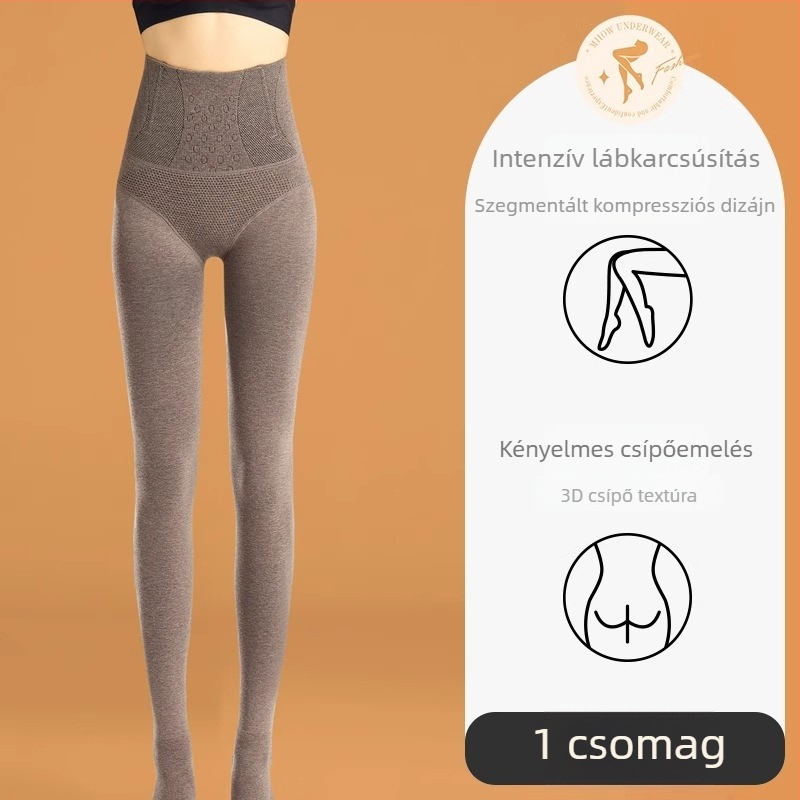Női pamut leggings magas derekú, szürke, halcsont mintával, őszi–téli szezonra, formázó kompressziós leggings