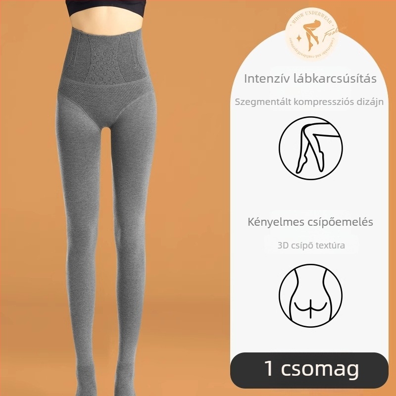 Női pamut leggings magas derekú, szürke, halcsont mintával, őszi–téli szezonra, formázó kompressziós leggings