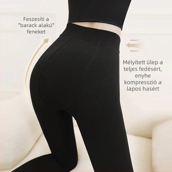 Női fleece béléssel vastagított leggings ősz-télre, függőleges csíkokkal, fekete-szürke, meleg és karcsúsító hatású, pamut anyag