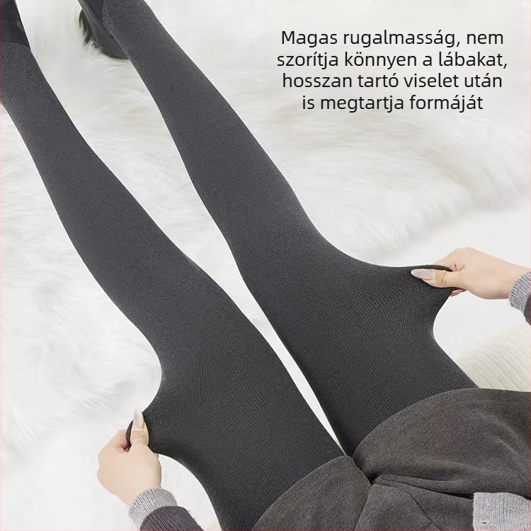 Női fleece béléssel vastagított leggings ősz-télre, függőleges csíkokkal, fekete-szürke, meleg és karcsúsító hatású, pamut anyag