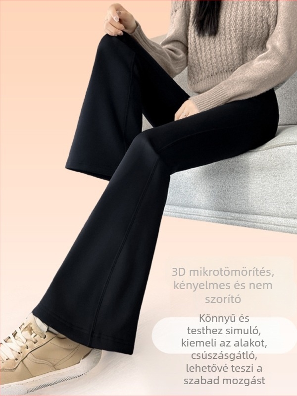 Női széles szárú nadrág téli fleece-béléssel, Shark stílusban, meleg, térdén fekete-arany patch-ekkel, jóga nadrág formázó, nem nehéz