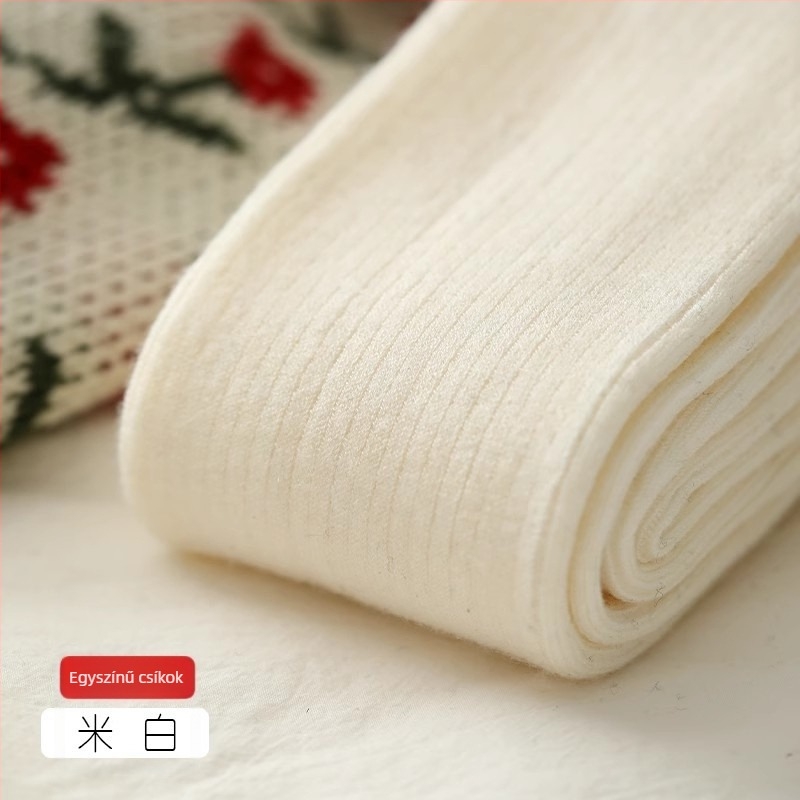 Őszi-téli gyapjúkeverék kötött női harisnyanadrág fleece béléssel, meleg, függőleges csíkok