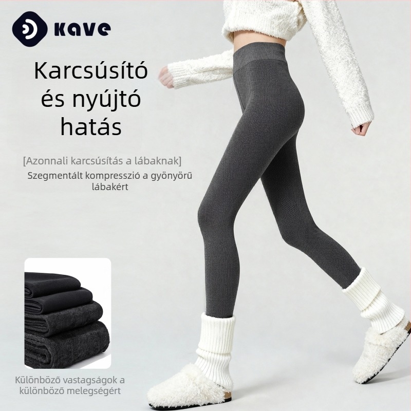 Női téli fleece-bélelt bordázott harisnyanadrág, vastag anyag, karcsúsító hatással, hasi kontúr és fenékemelés, szürke