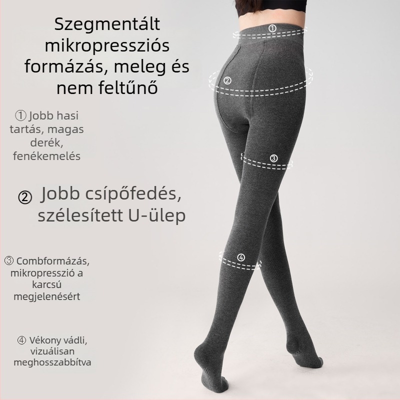 Női téli fleece-bélelt bordázott harisnyanadrág, vastag anyag, karcsúsító hatással, hasi kontúr és fenékemelés, szürke