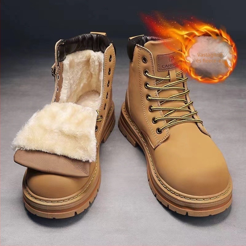 Férfi téli magas szárú bakancs PU felsőrésszel, fleece béléssel, EVA talpabetéttel, középmagas sarok 3-5 cm, csúszásmentes talp, ütéscsillapítás