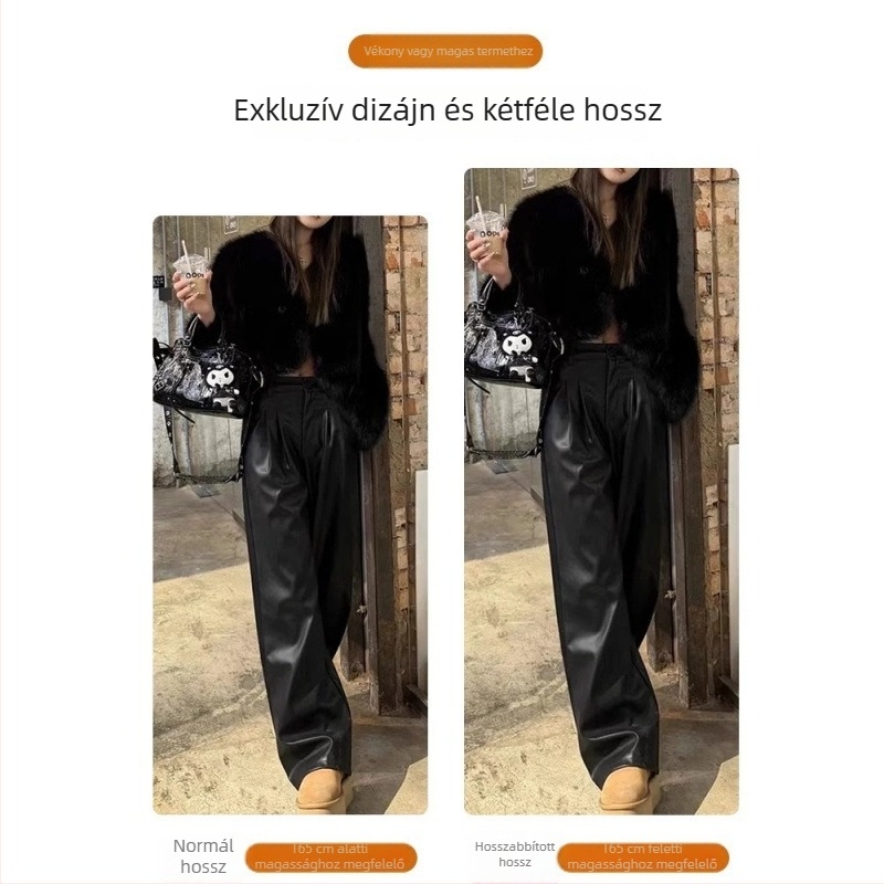 Fekete PU bőr női széles lábú nadrág, magas derék, karcsú egyenes szabás, őszi-téli szezonra