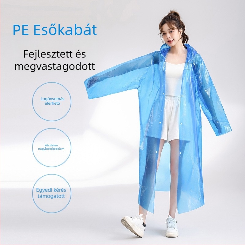 Egyszer használatos túra esőkabát PE anyaggal, standard vastagságú, 60–100 g, egy személy részére.