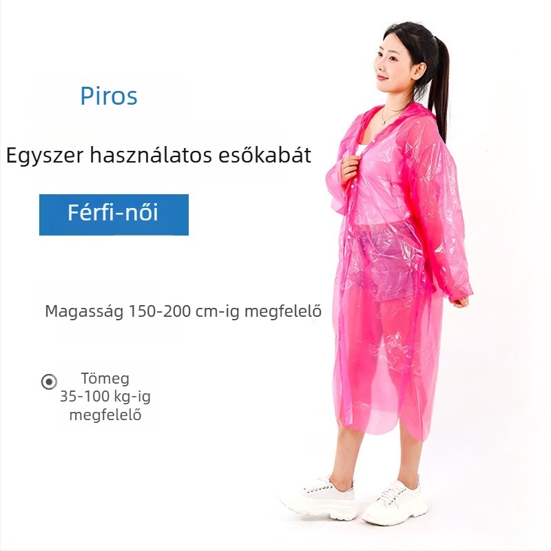 Egyszer használatos túra esőkabát PE anyaggal, standard vastagságú, 60–100 g, egy személy részére.
