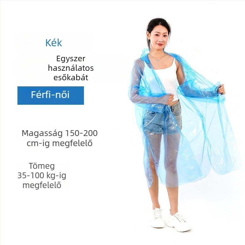 Egyszer használatos túra esőkabát PE anyaggal, standard vastagságú, 60–100 g, egy személy részére.