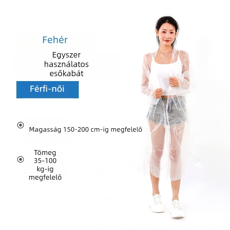 Egyszer használatos túra esőkabát PE anyaggal, standard vastagságú, 60–100 g, egy személy részére.