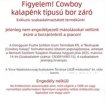 Szilikonból készült cowboy kalap formájú borosüveg-dugó, élelmiszer-minőségű, szivárgásmentes, logó nyomtatás lehetséges, testreszabható