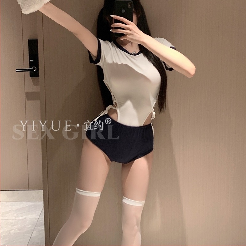 Női erotikus body nyitott ágyékkal, poliészter anyag, egyenruha-stílus, aranyos szerepjáték