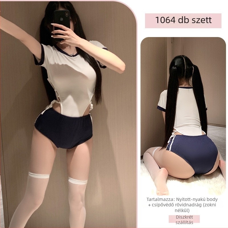 Női erotikus body nyitott ágyékkal, poliészter anyag, egyenruha-stílus, aranyos szerepjáték